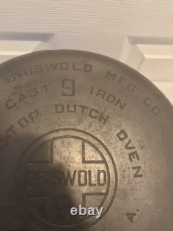 Vintage Griswold Erie PA 1920 No. 9 Casserole en fonte Tite Top Dutch Oven 834B avec couvercle
