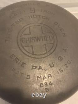 Vintage Griswold Erie PA 1920 No. 9 Casserole en fonte Tite Top Dutch Oven 834B avec couvercle