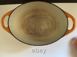 Vtg Le Creuset Cousances Doufeu #12 Casserole Avec Couvercle Orange Flamme Émaillé
